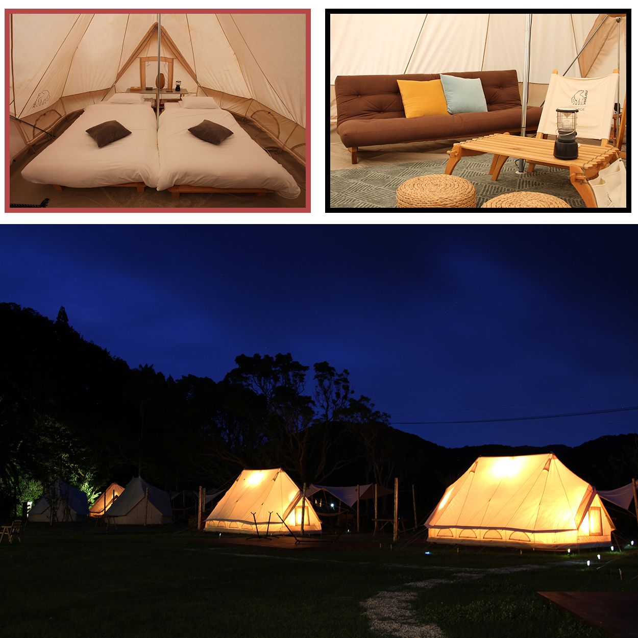 Intérieur des tentes luxueuses du Nordisk Village à Goto et vue générale des tentes éclairées le soir