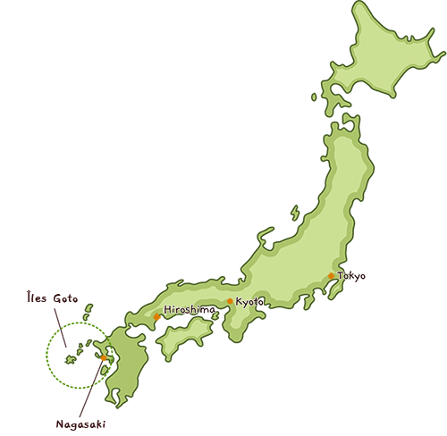C'est une illustration de la carte du Japon qui montre la localisation des îles Goto au large de Nagasaki.