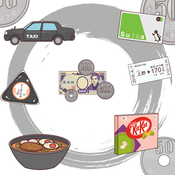 Taxi, cartes sans contacts, billets de trains, monnaie japonaise et nourriture