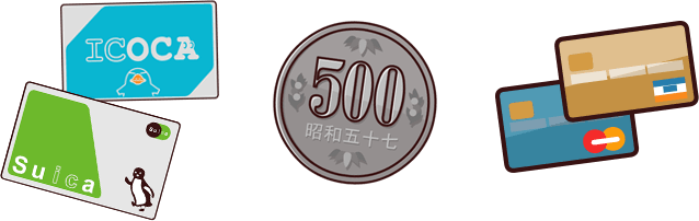 Cartes sans contact Suica et Icica, pièces de 500 yens et cartes bancaires 