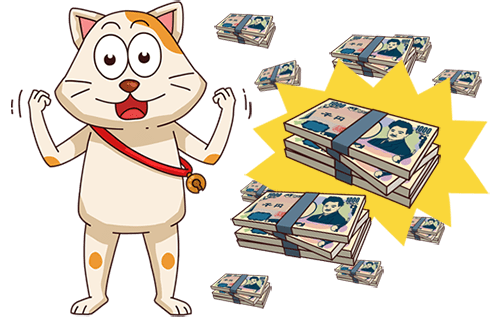 Maneki-neko très content avec des piles de billets de 1000 yens